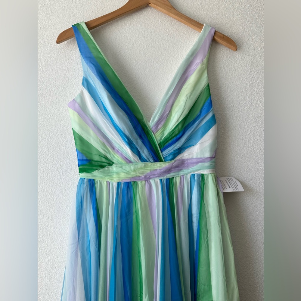 MAC DUGGAL | blue green multicolor stripe plunge maxi gown 4 - Picture 9 of 14